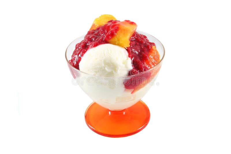 Dessert Peach Melba with ice cream and raspberry sauce