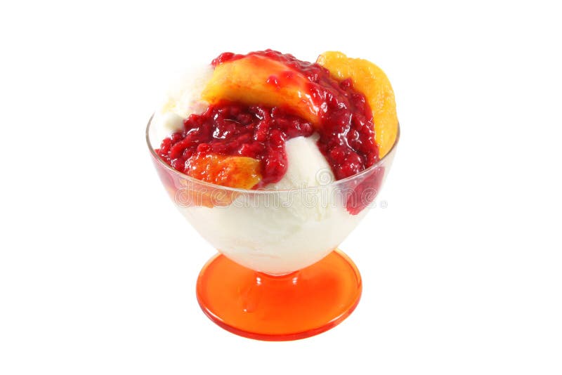 Dessert Peach Melba with ice cream and raspberry sauce