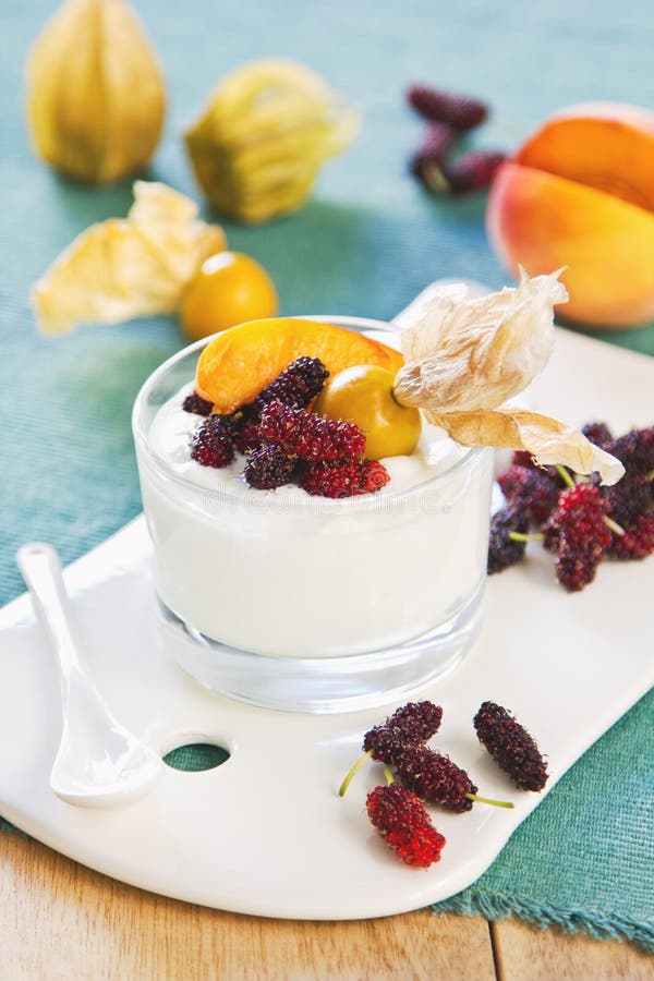 Peach with Mulberry and Gooseberry Yogurt Stock Image Image of