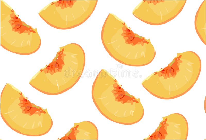 Peach nectarine ripe fresh sliced fruit citrus seamless pattern. Vector square closeup side view beautiful orange outline illustration segment slice backdrop white background