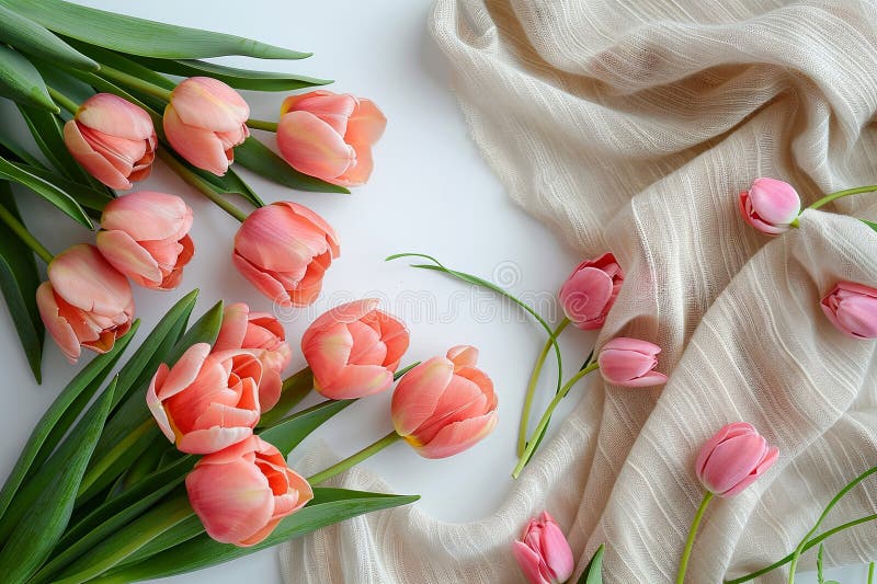 Peach And Pink Tulips On Creamy Fabric vector illustration