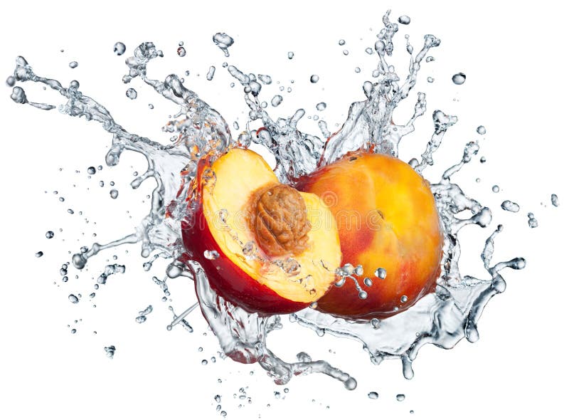 Peach in spray of water.