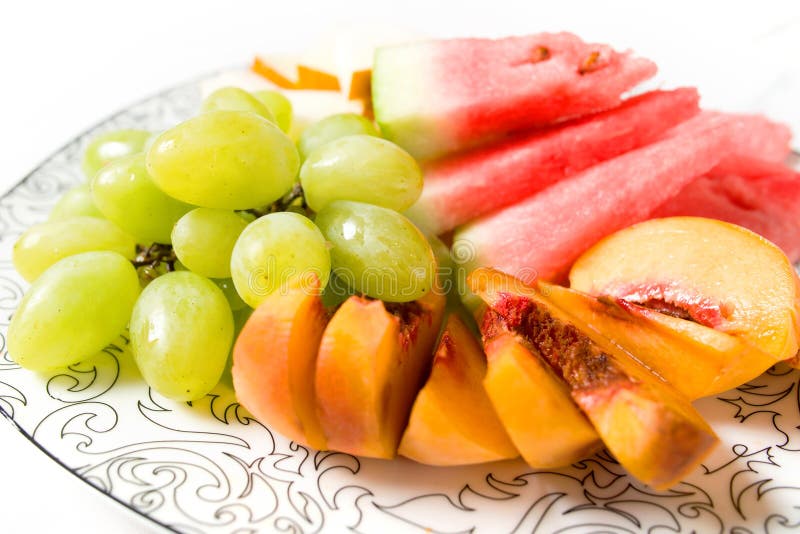 Peach, White Grape, Watermelon and Melon on the Plate Stock Photo Image of natural, harvest