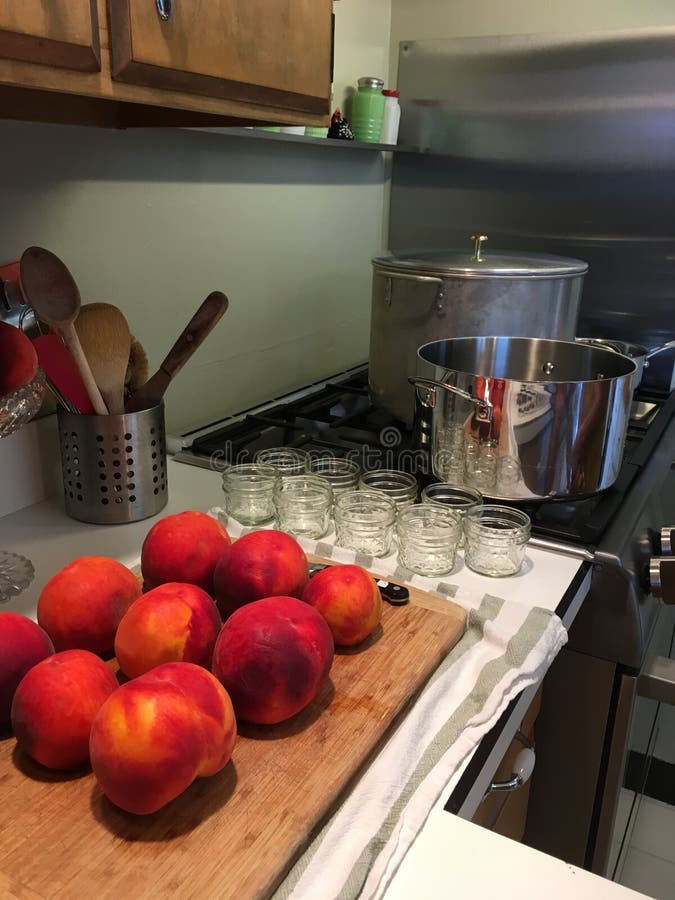 Peaches With Jam Jars And Boiling Water Bath Canner Picture. Image