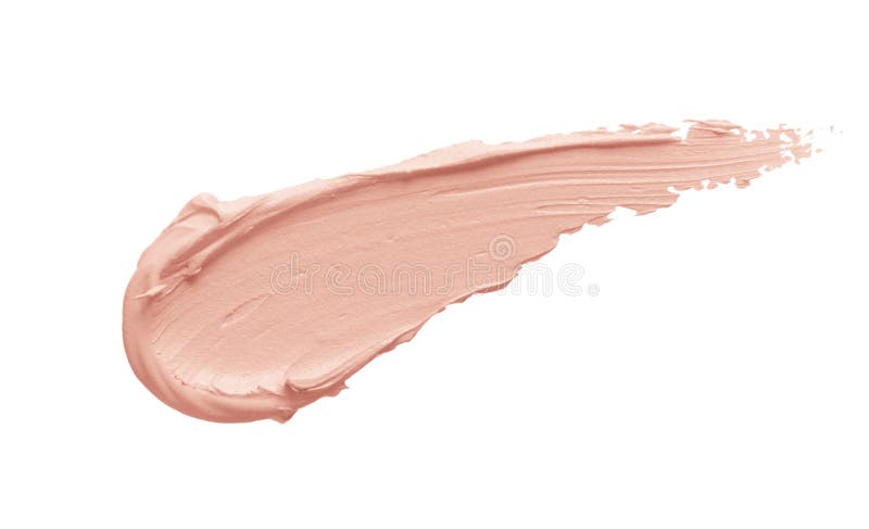 Peachy pink color correcting concealer smear smudge swatch isolated on white background. Thick cream texture