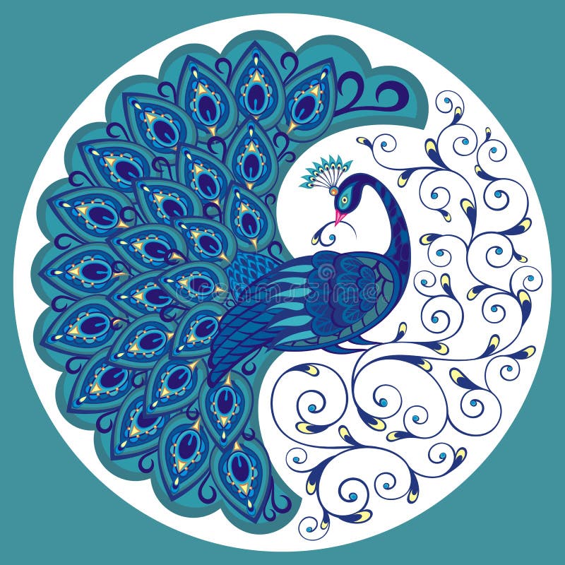 Peacock drawing fantasy bird. Vector illustration