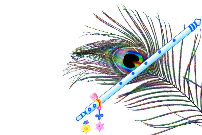 Peacock Feather And Flute Overg White Background With Text Copy Space