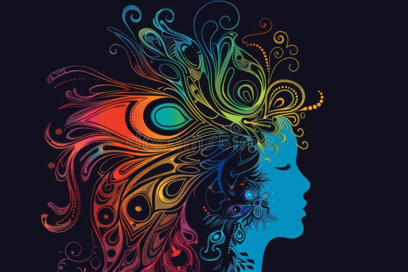 Peacock head silhouette with vibrant tribal designs. stock illustration