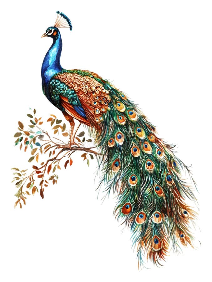 Peacock with its train fully spread against transparent background royalty free illustration
