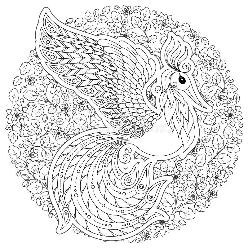 Peacock in Zentangle Style. Adult Antistress Coloring Page. Stock