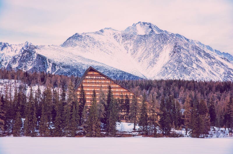 Peak and hotel Patria in Strbske pleso, retro filter