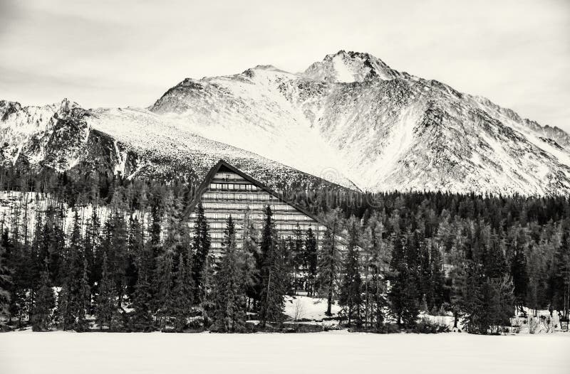 Peak and hotel Patria in Strbske pleso, Slovakia, colorless