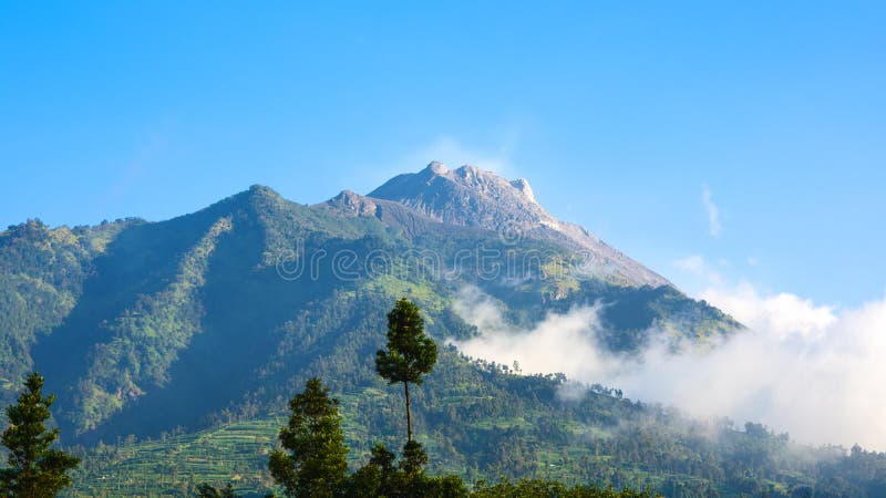 The peak of Volcano In Indonesia, showing ash and burnt landscape of recent eruption. Surrounded by lush green forest royalty free stock photography The peak of Volcano In Indonesia, showing ash and burnt landscape of recent eruption. Surrounded by lush green forest royalty free stock photography