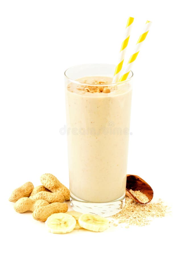 Peanut-butter banana oat smoothie with scattered ingredients over white