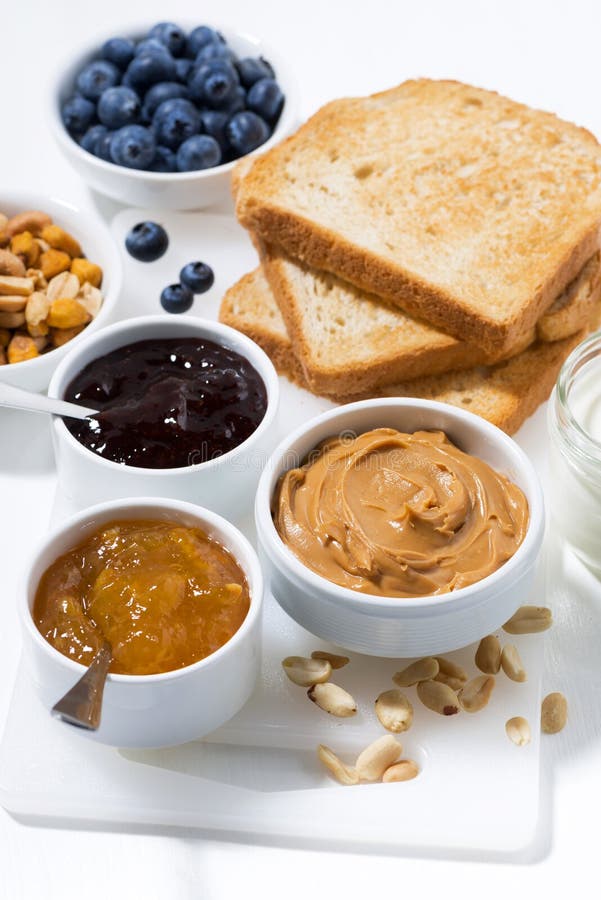 Peanut Butter, Jams And Toasts For Breakfast, Vertical Closeup Stock