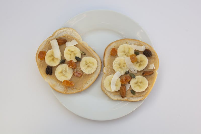 Peanut Butter Sandwich Breakfast or Snack on White Background Stock