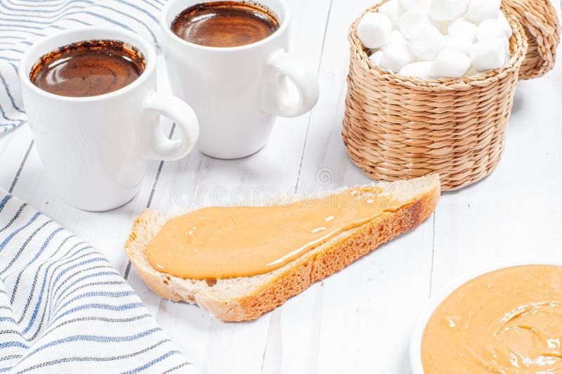 Peanut Butter Sandwiches. Breakfast, Coffee and Bread with Peanut