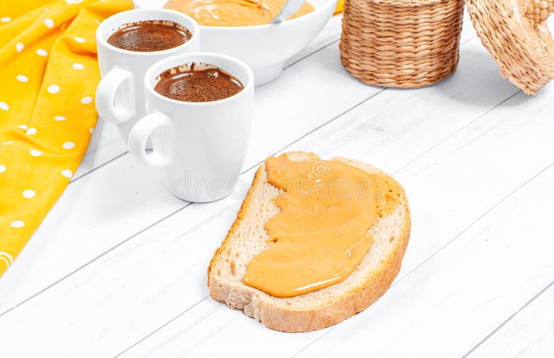 Peanut Butter Sandwiches. Breakfast, Coffee and Bread with Peanut