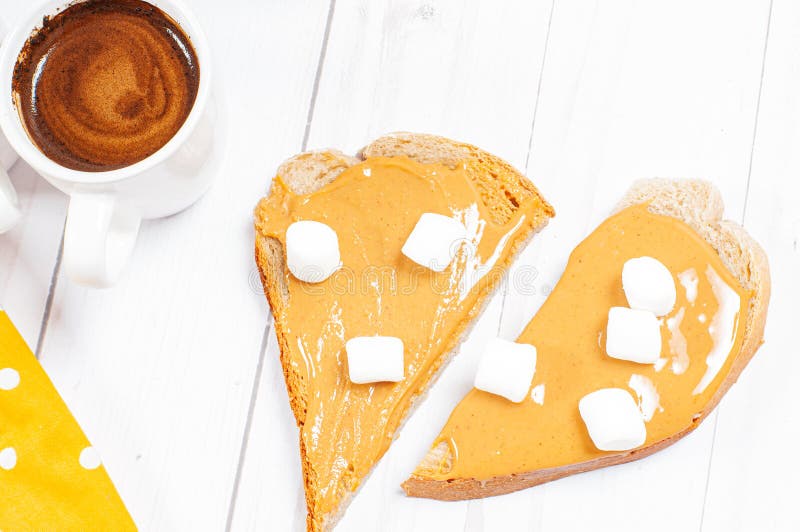 Peanut Butter Sandwiches. Breakfast, Coffee and Bread with Peanut