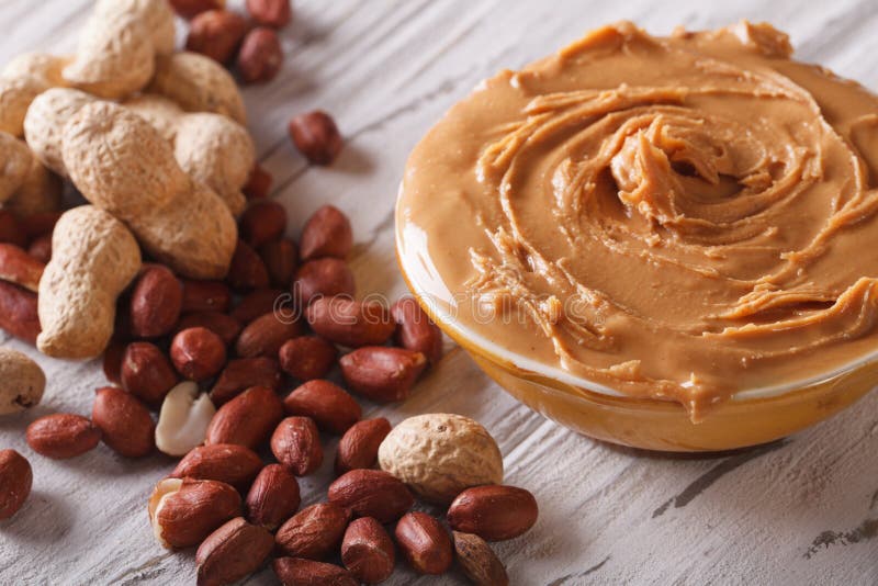 Peanut cream in a bowl close up horizontal