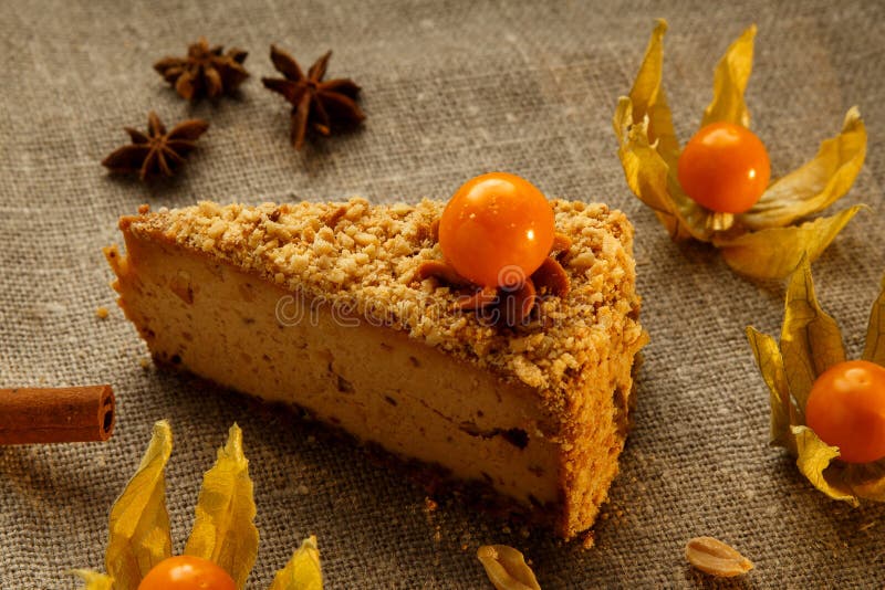 Peanut cream cheese cake with cape gooseberries.