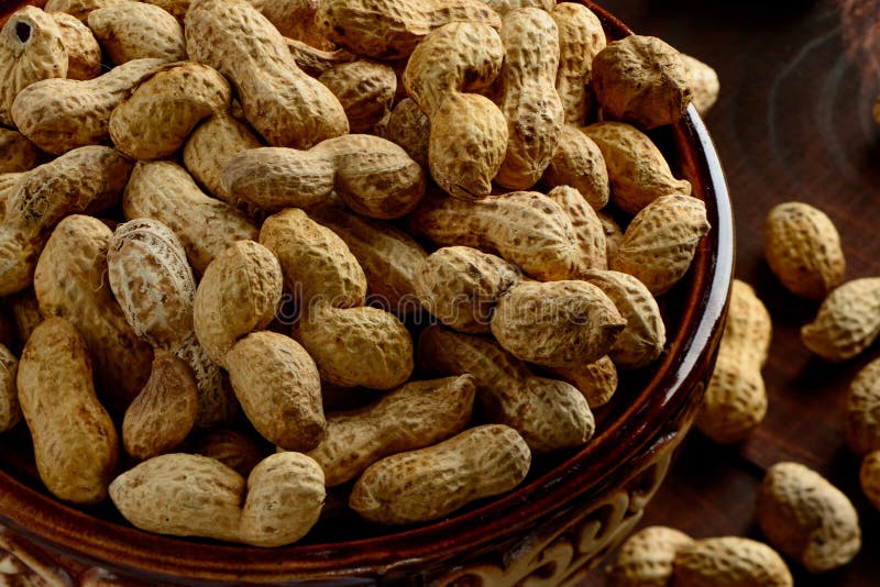 Peanuts in a Bowl on a Dark Background. Peanuts in a Shell. Healthy