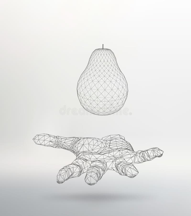 Pear on the arm. The hand holding a pear. Polygon triangle. Polygonal hand. The structural grid of polygons. Abstract Creative co vector illustration