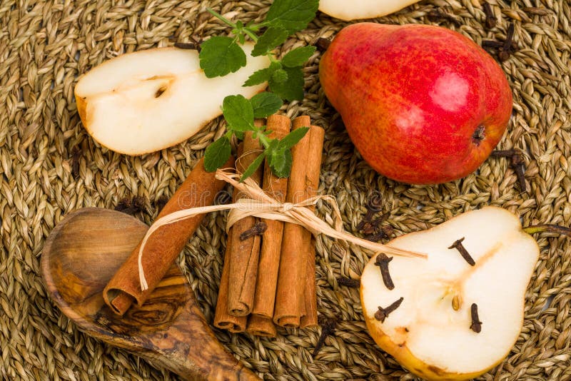 Pear, Cinnamon, Cloves and Lemon Balm Stock Photo Image of organic