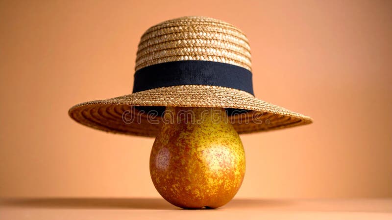 Pear wearing a straw hat against a peach background, whimsical still life. royalty free stock images