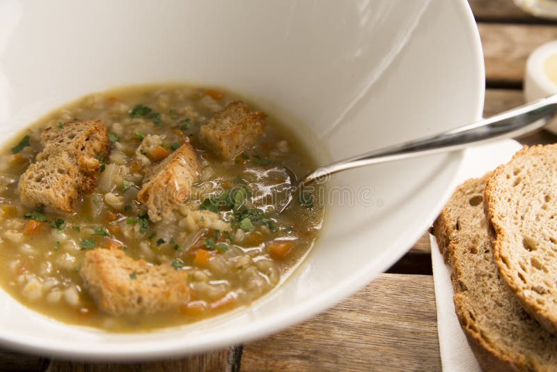 Pearl Barley Broth with Ciabatta Croutons Stock Image Image of broth
