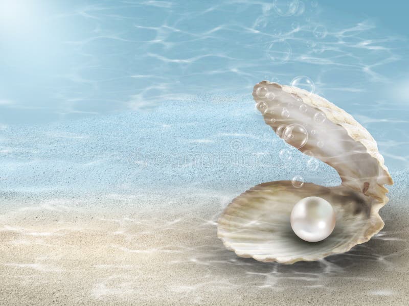 Pearl in oyster shell underwater background