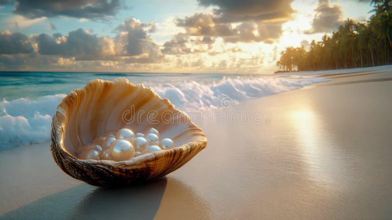 Pearl resting inside an open clam shell on a beach, surrounded by ocean waves and soft sand royalty free illustration