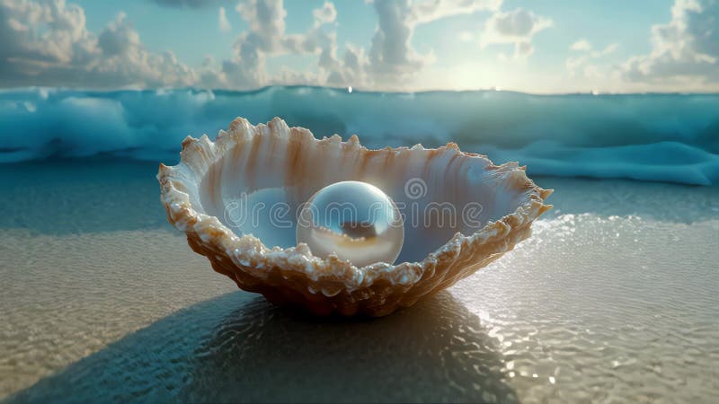 Pearl resting inside an open clam shell on a beach, surrounded by ocean waves and soft sand vector illustration