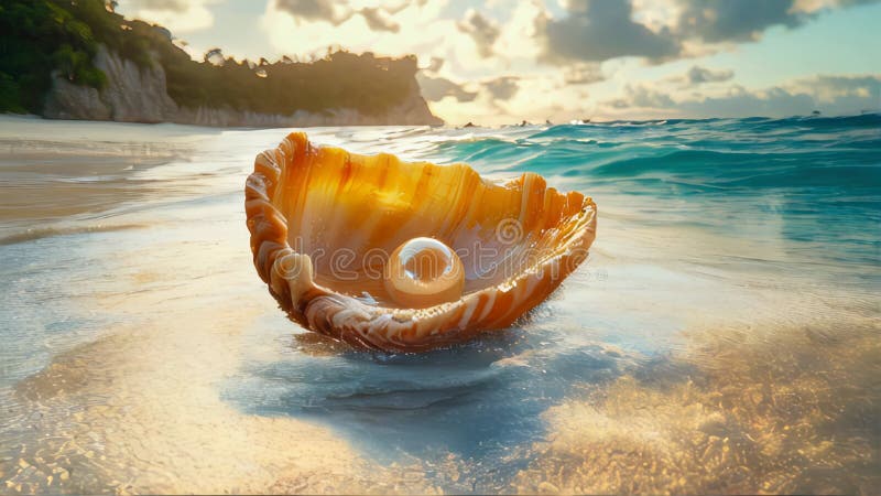 Pearl resting inside an open clam shell on a beach, surrounded by ocean waves and soft sand royalty free illustration