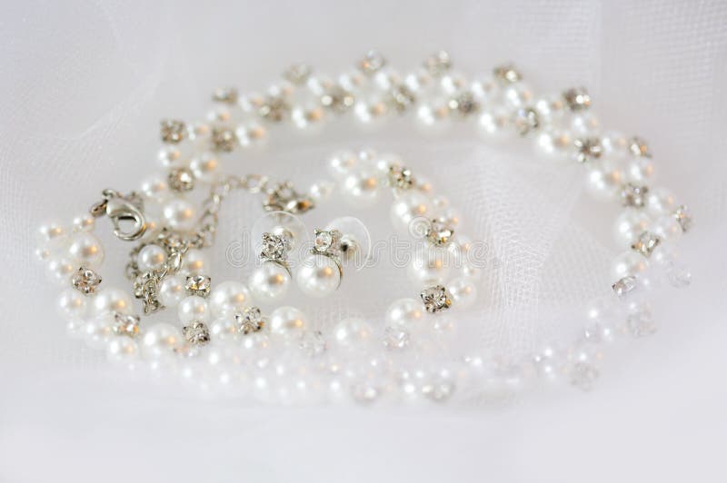 Pearl and Silver with Rhinestones Necklace and Earrings for Bride with ...