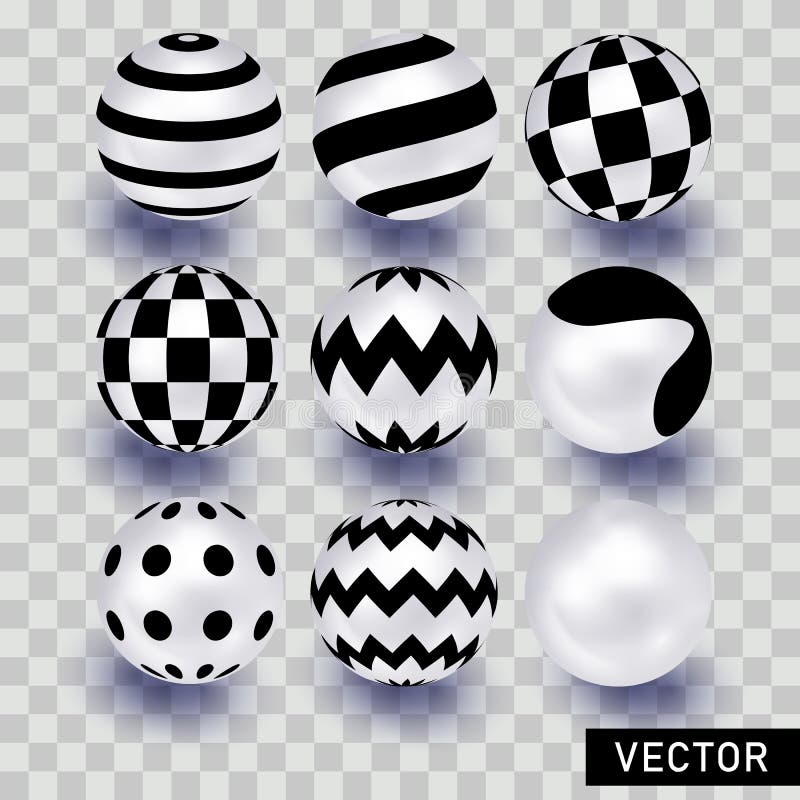 Pearls. Set is three-dimensional geometric shape isolated on transparent background. 3d object round ball. Vector illustration. Round sphere, geometric object, metal and plastic pearl. Black and white set