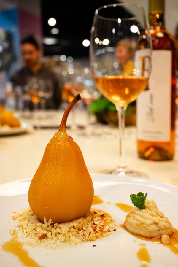 Poached pear with mascarpone and walnut cream.