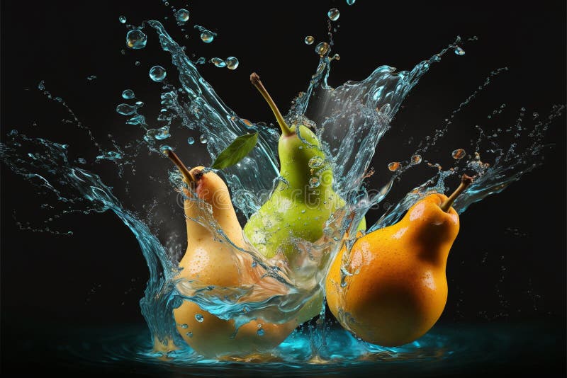 Pears Splashed or Thrown in Water. Water Splash Fresh Fruit Creative