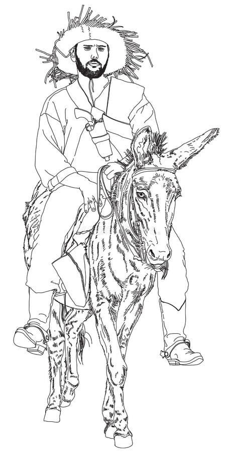 A peasant with a gun in a holster riding on a donkey. series of Wild West. Vector drawing. Sheep gun vectors
