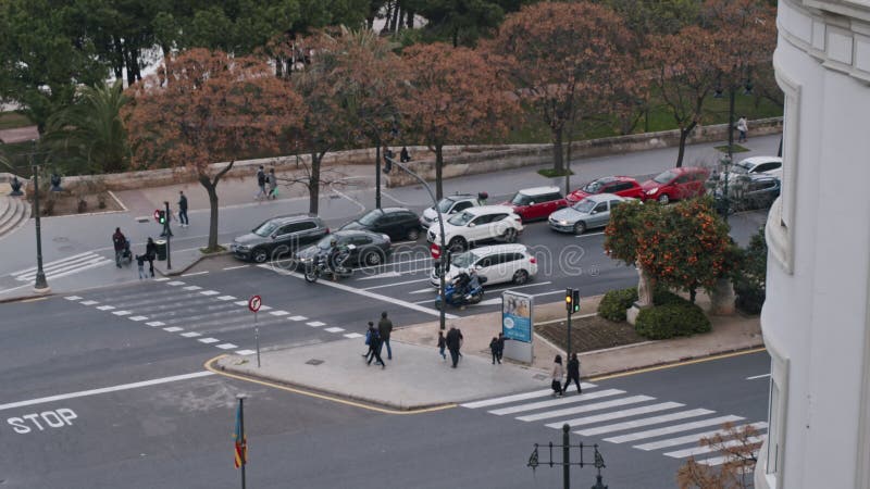 Peatones que cruzan la amplia calzada de la ciudad en el verde