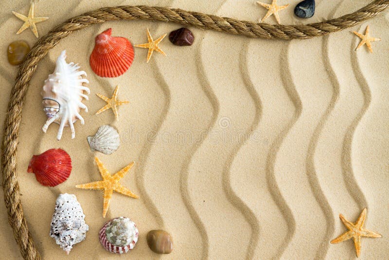 Pebbles and seashells on rippling sand with a rope