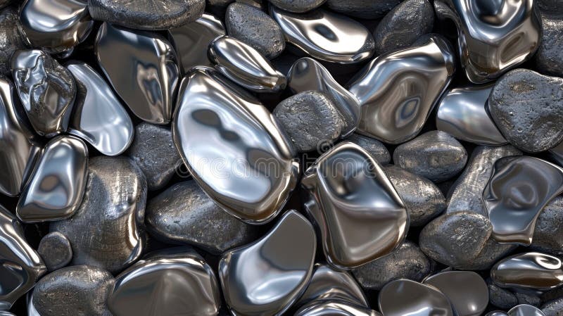 The pebbles surface resembles liquid metal reflecting a distorted image of its surroundings in a mesmerizing way stock photography