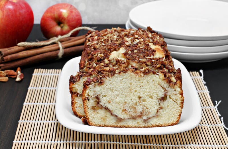 Pecan, Apple and Cinnamon Loaf Cake, Close Up. Stock Photo Image of