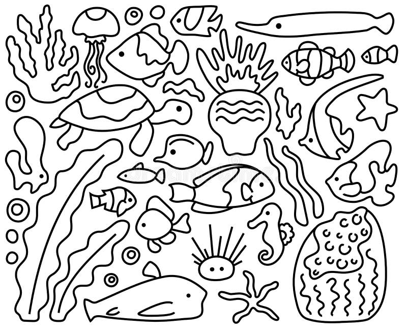 Peces Submarinos De La Línea De Arrecifes De Coral Ilustraciones  Vectoriales De Arte Sobre Fondo Blanco Ilustración del Vector - Ilustración  de coral, buceo: 209576597