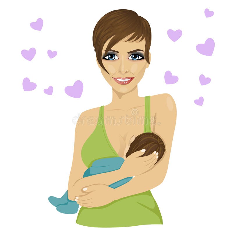 Pecho de alimentación de la madre joven feliz su bebé en el fondo blanco con los corazones libre illustration Pecho de alimentación de la madre joven feliz su bebé en el fondo blanco con los corazones libre illustration