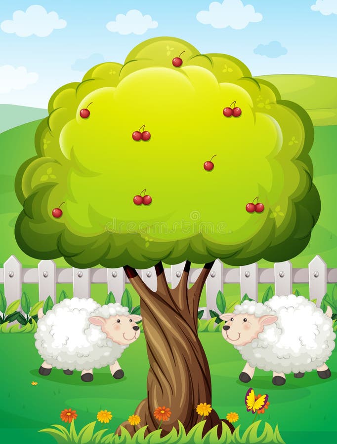 Pecore dentro il recinto vicino di melo illustrazione vettoriale Pecore dentro il recinto vicino di melo illustrazione vettoriale