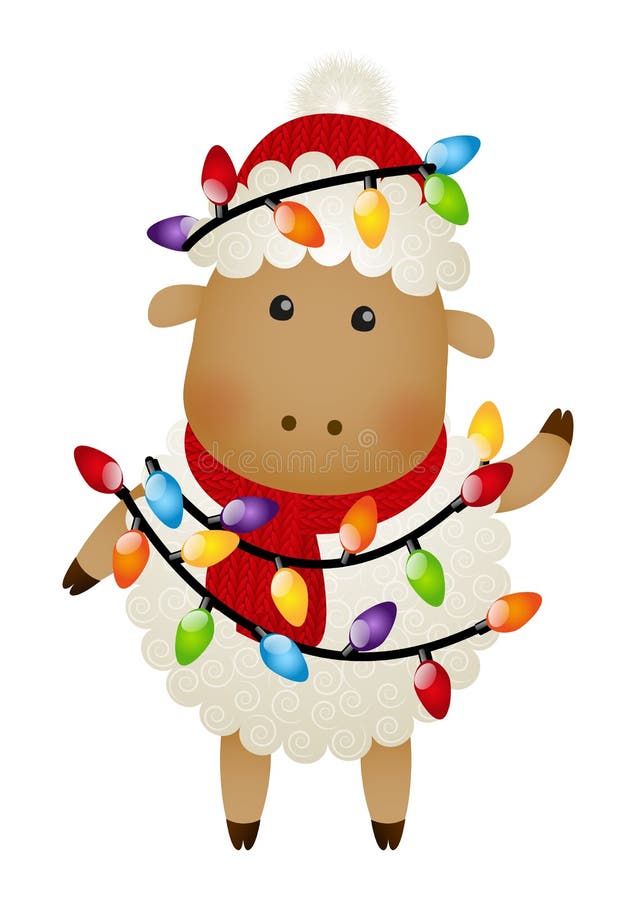 Cute sheep with Christmas light bulbs isolated. Cute sheep with Christmas light bulbs isolated