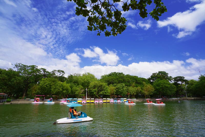 Pedal boat on lake in national park with beautiful blue sky