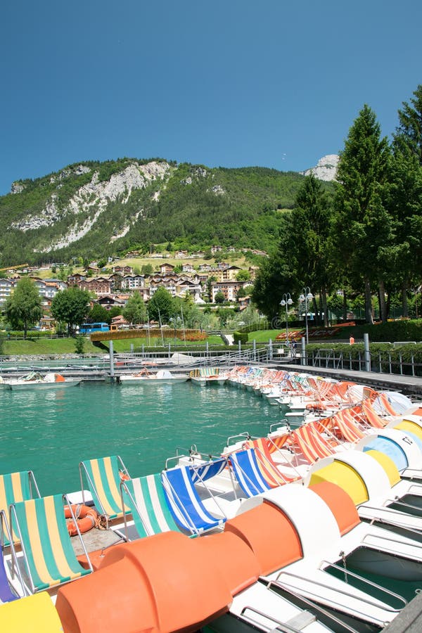 Pedal Boat Parked in a Long Line at the Dock. Stock Photo Image of
