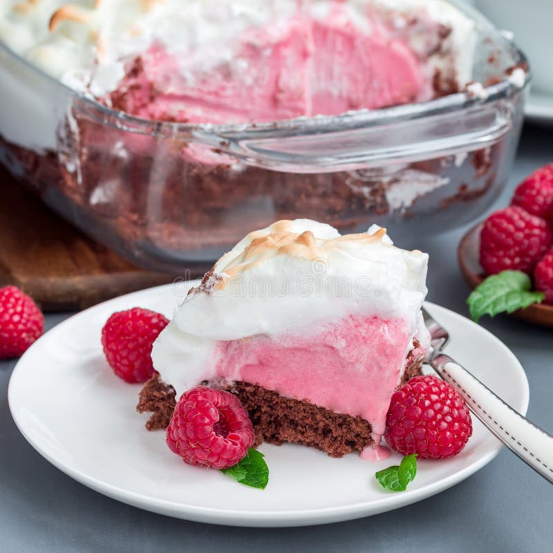 Pedazo de Alaska cocida con la torta de esponja del chocolate, el helado de la frambuesa y merengues, en la placa blanca, formato foto de archivo Pedazo de Alaska cocida con la torta de esponja del chocolate, el helado de la frambuesa y merengues, en la placa blanca, formato foto de archivo
